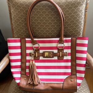 Elegant Striped Tote Bag with Tassel Charm